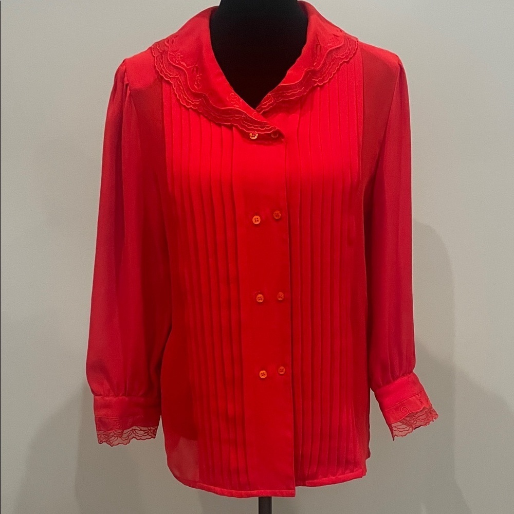 Elegant Red Lace-Trimmed Women's Top vintage detailed classic look